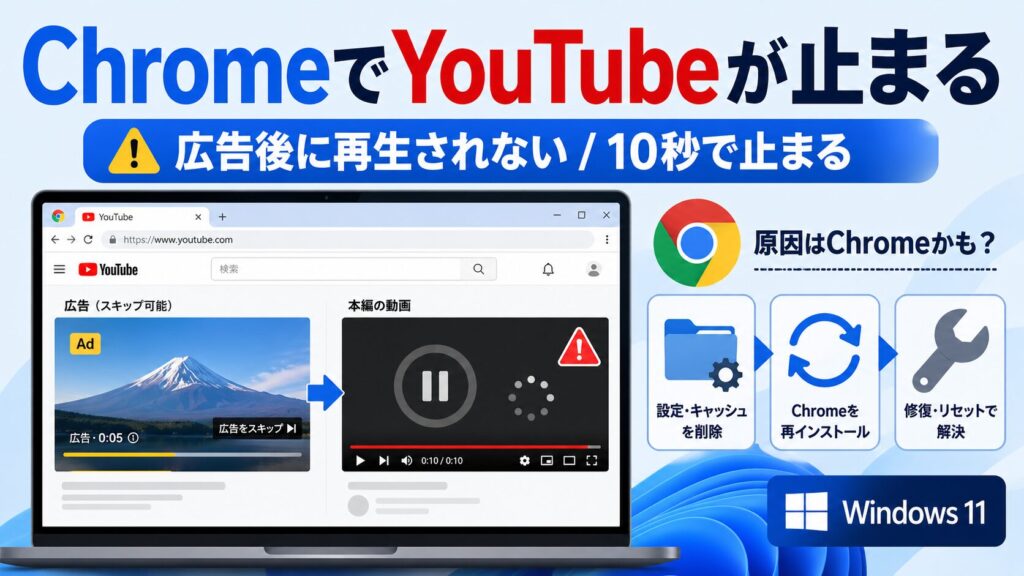 Windows11のChromeでYouTubeが広告後に再生されない・10秒で止まる症状を改善する対処法のイメージ