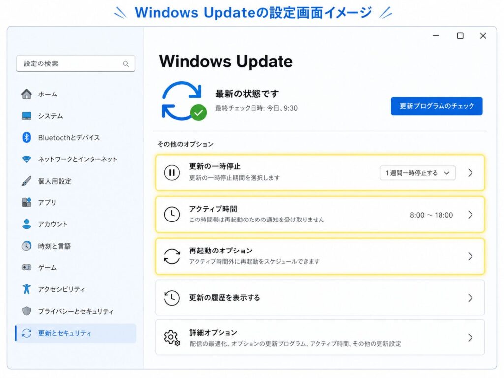 Windows Update設定画面で一時停止と再起動オプションを確認するイメージ