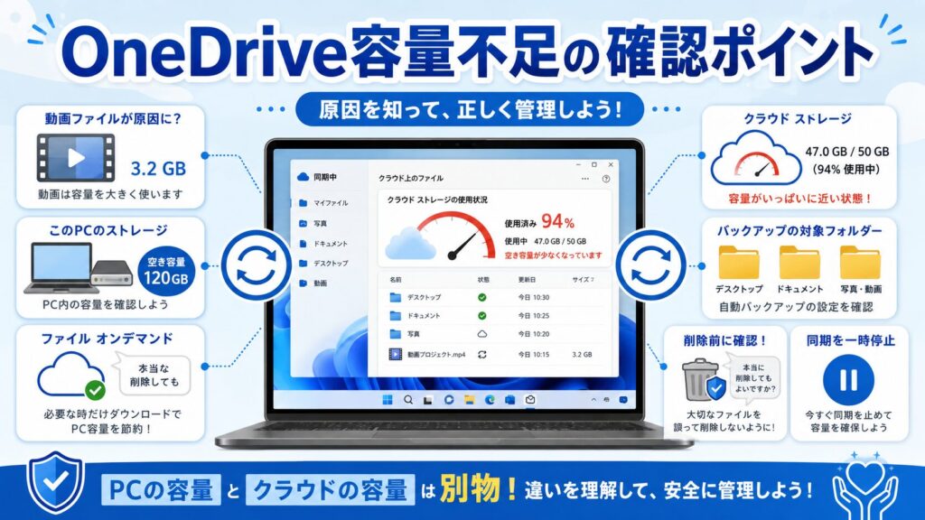 OneDriveが動画を自動バックアップして容量不足になる時に、PC本体保存、クラウド保存、同期設定、バックアップ対象、ファイルオンデマンド、削除前確認を整理する図解アイキャッチ画像