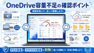 OneDriveが動画を自動バックアップして容量不足になる時に、PC本体保存、クラウド保存、同期設定、バックアップ対象、ファイルオンデマンド、削除前確認を整理する図解アイキャッチ画像