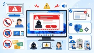 パソコンでウイルス感染の偽警告と警告音が出た時に、電話しない、遠隔操作アプリを入れない、支払わない、ブラウザー終了、Windowsセキュリティ確認を行う流れを図解したアイキャッチ画像