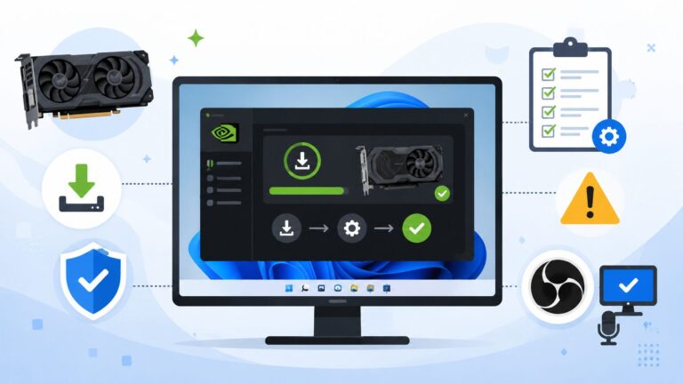 NVIDIA GeForceドライバーのMay 2026セキュリティ更新について、Windows PC、GPU、公式ドライバー更新、セキュリティ確認、更新前後のチェック項目を図解したアイキャッチ画像