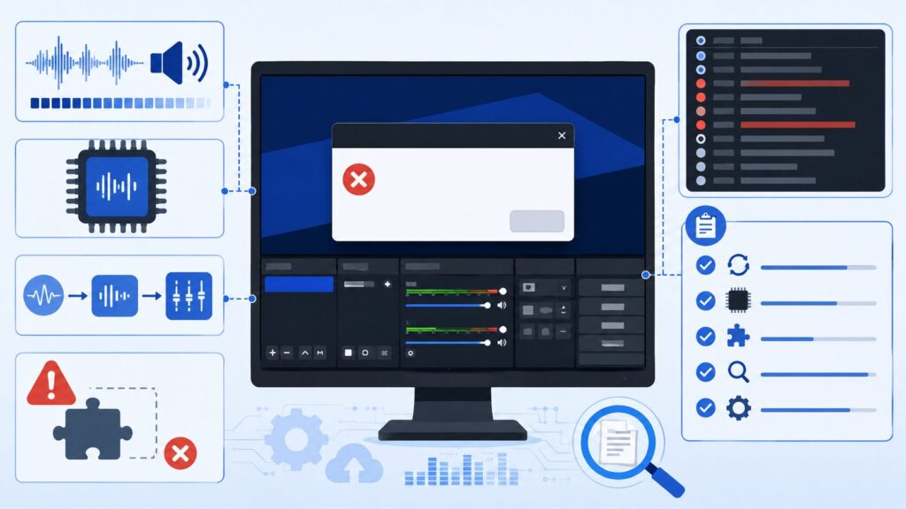 OBS起動時にFailed to create audio streaming encoderが出る時に、エラーダイアログ、音声エンコーダー、AAC、ログ確認、モジュール読み込み失敗の確認ポイントを示す図解