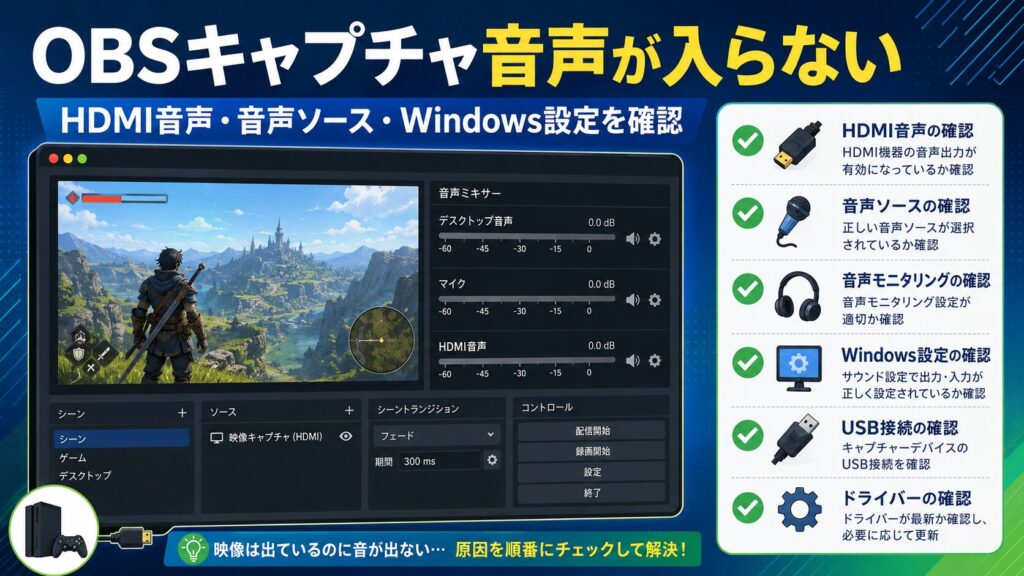 OBSで映像キャプチャデバイスの音が入らない時に、HDMI音声、音声ソース、音声モニタリング、Windows設定、USB接続、ドライバーを確認する図解