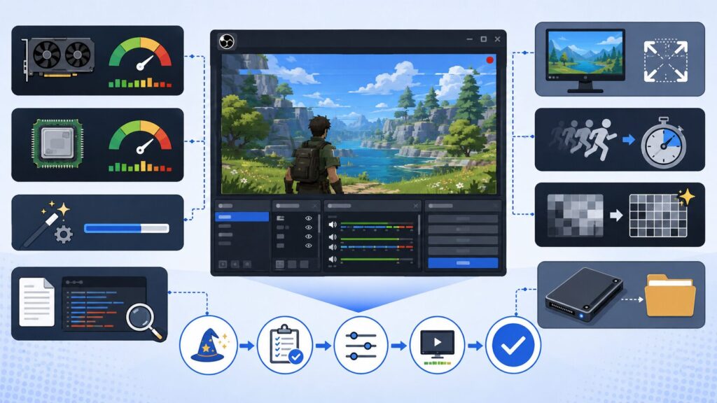 OBSで録画が重い・カクつく時に、録画品質、エンコーダー、解像度、FPS、保存先SSD、GPU負荷、OBSログを確認する図解