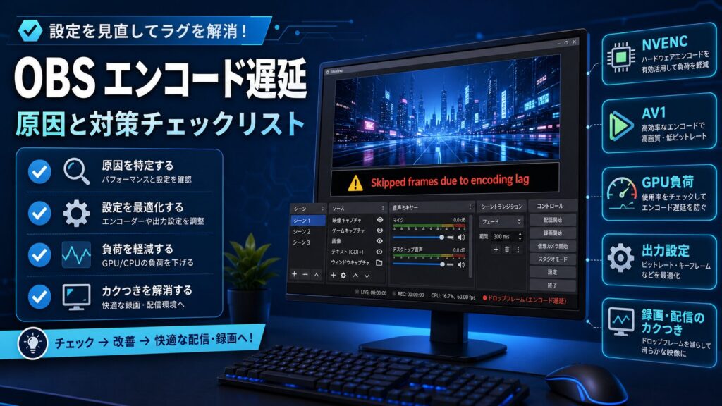 OBSでエンコード遅延が発生した時にNVENC、AV1、GPU負荷、出力設定を確認するチェックリスト画像