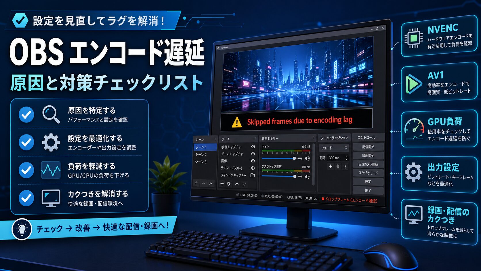 OBSで「Skipped frames due to encoding lag」が出る時の確認ポイント