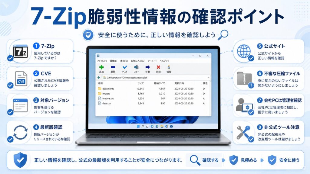 7-Zipに脆弱性情報が出た時に、CVE、対象バージョン、最新版、公式サイト、不審な圧縮ファイル、会社PCの管理者確認を整理する図解アイキャッチ画像
