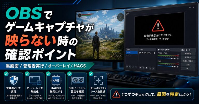 OBSでゲームキャプチャが映らない時に確認する黒画面、管理者実行、オーバーレイ、HAGSのチェックポイント