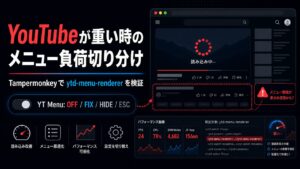 YouTube視聴中にブラウザが重い時のメニュー負荷をTampermonkeyで切り分ける方法を示した図解