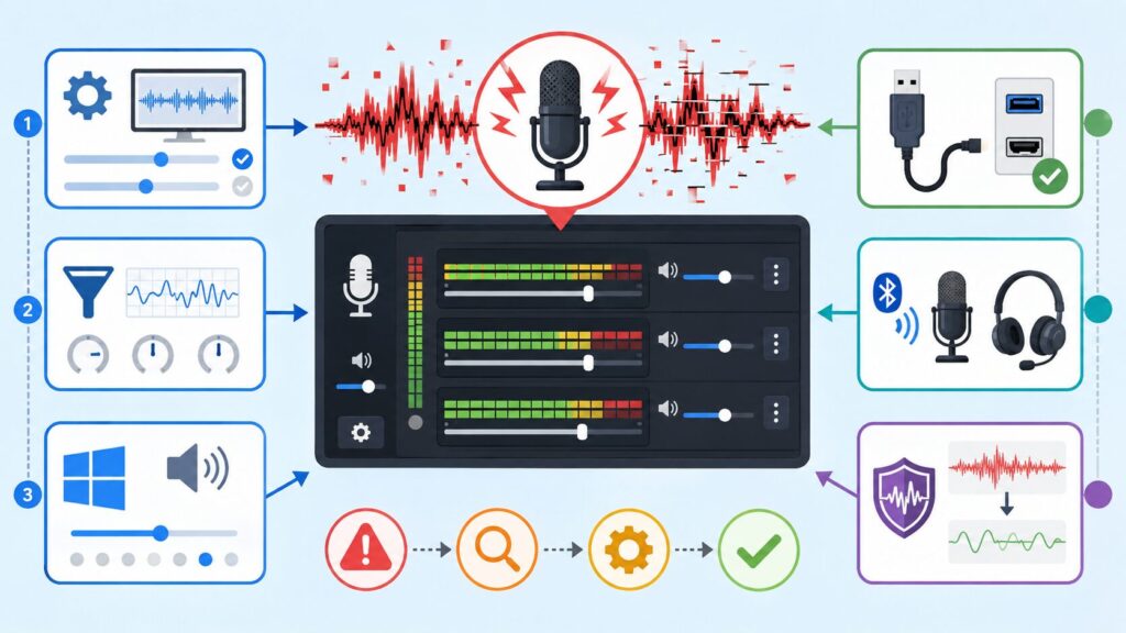 OBSで録画した自分のマイク音声がビリビリ・機械音になる時に、音声ミキサー、サンプリングレート、音声フィルター、Windowsサウンド設定、USB接続、Bluetoothマイクを確認する図解
