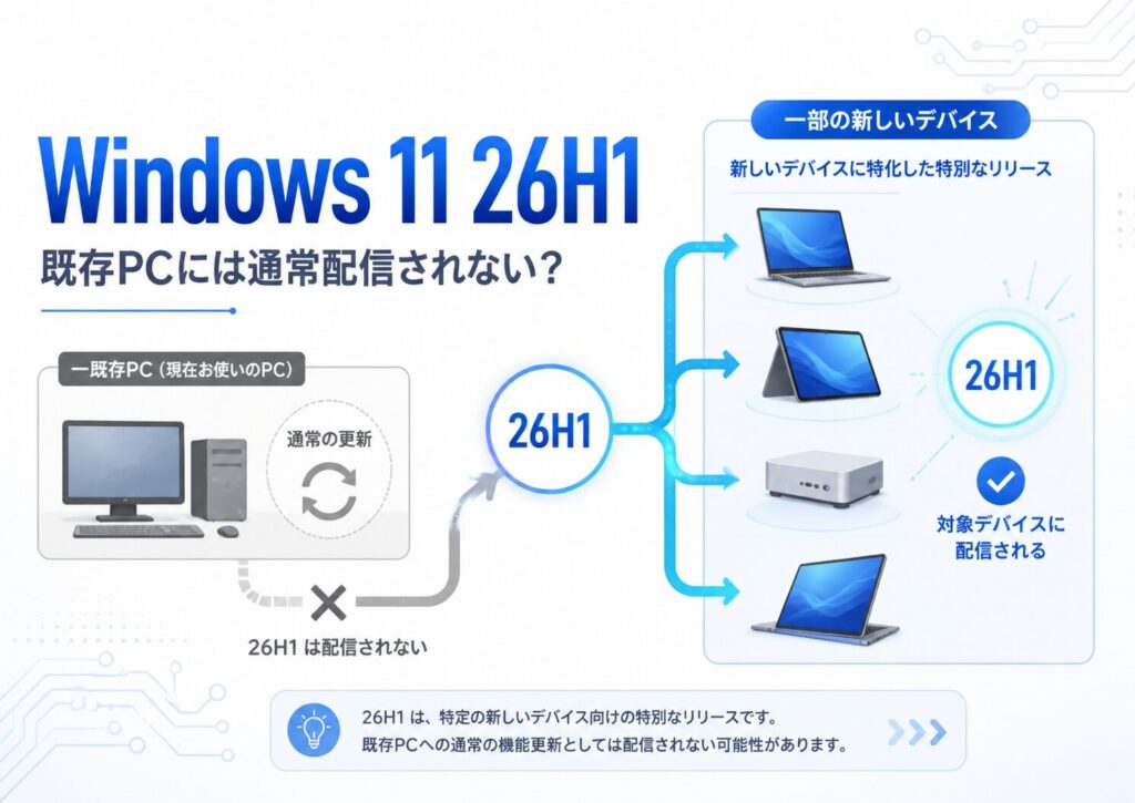 Windows 11 26H1が一部の新しいデバイス向けで、既存PCには通常更新として配信されないことを示す図解