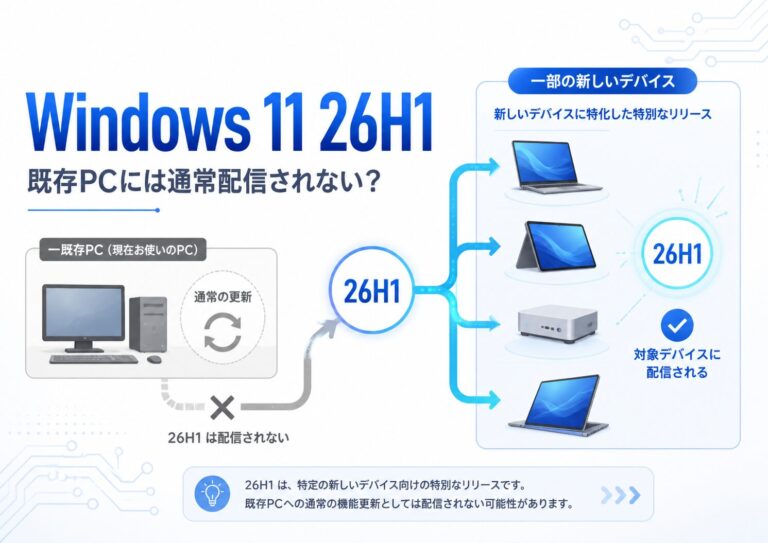 Windows 11 26H1が一部の新しいデバイス向けで、既存PCには通常更新として配信されないことを示す図解