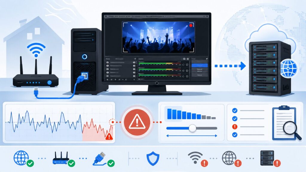 OBSで配信中にDropped Framesが出る時に、回線、ビットレート、配信サーバー、Dynamic Bitrate、OBSログを確認する図解