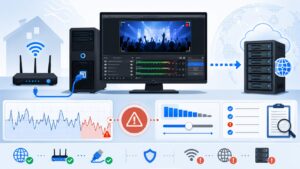 OBSで配信中にDropped Framesが出る時に、回線、ビットレート、配信サーバー、Dynamic Bitrate、OBSログを確認する図解