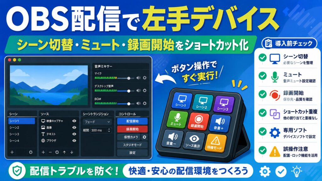 OBS配信で左手デバイスを使う前に、シーン切替、ミュート、録画開始、ショートカット重複、専用ソフト、誤操作対策を確認する図解