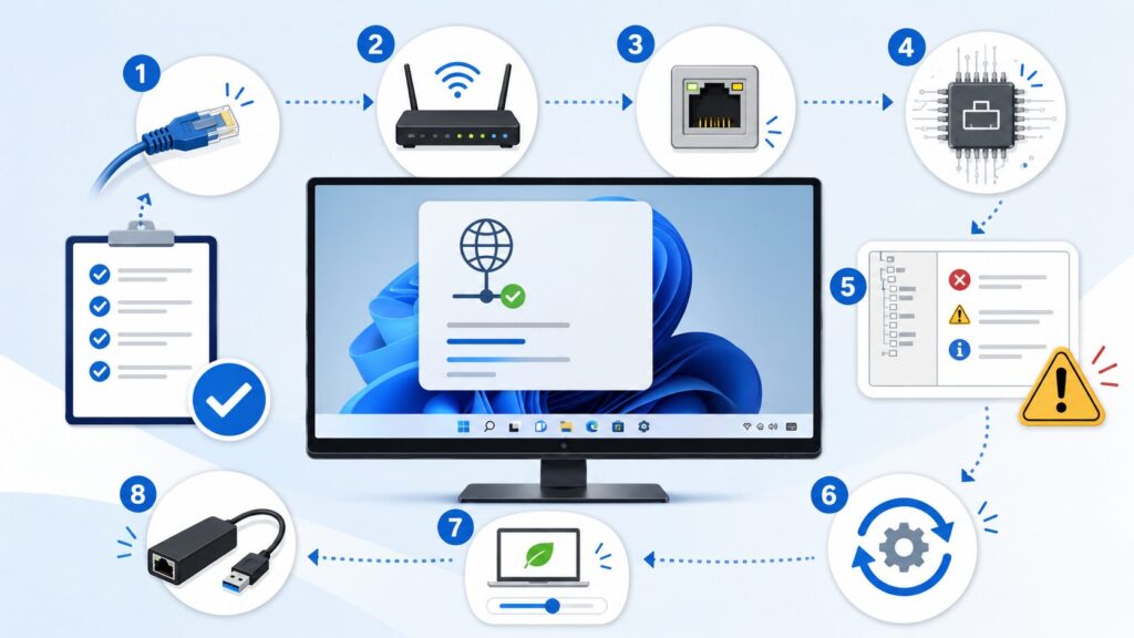 Windows 11で有線LANが頻繁に切断される時に、LANケーブル、ルーター、Intel I226-V、イベントID27、ドライバー、省電力設定を確認する流れを図解したアイキャッチ画像
