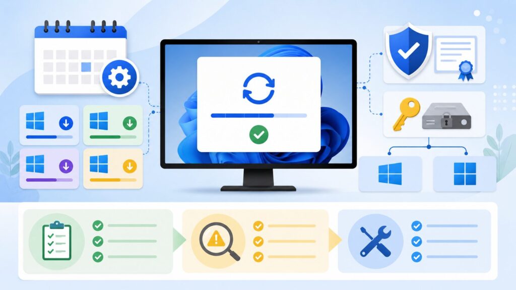 Windows Update 2026年5月の確認ポイントとして、Windows11とWindows10の更新、KB番号、Secure Boot、BitLocker回復キー、既知の問題を整理する図解