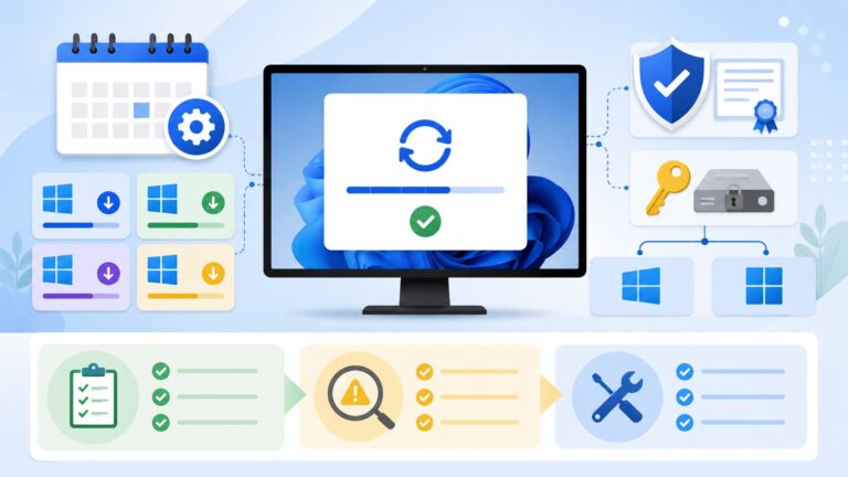 Windows Update 2026年5月の確認ポイントとして、Windows11とWindows10の更新、KB番号、Secure Boot、BitLocker回復キー、既知の問題を整理する図解