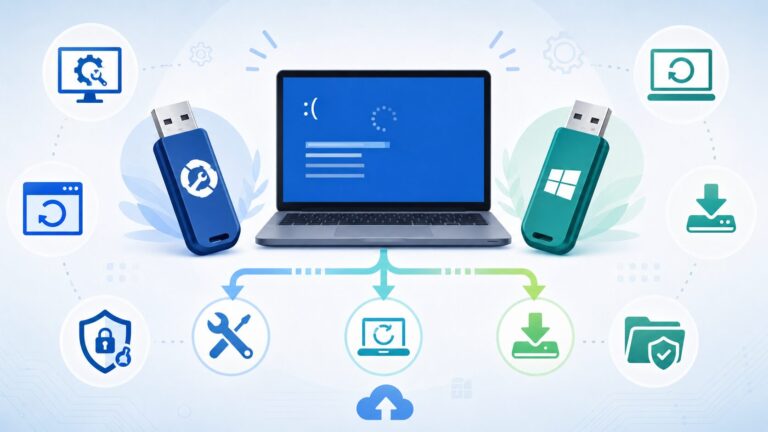 Windowsが起動しない時に、回復ドライブ、インストールメディア、スタートアップ修復、BitLocker回復キー、データ保護を確認する図解