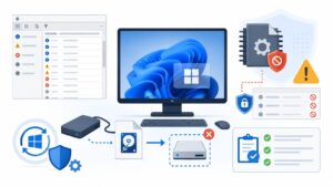 Windows更新後にバックアップイメージの仮想ドライブマウントが失敗する時に、psmounterex.sys、イベントビューアー、ドライバーブロックリスト、バックアップソフト更新を確認する図解