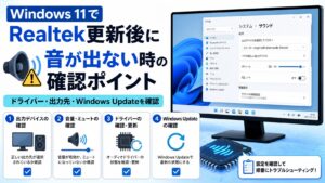 Windows 11でRealtek更新後に音が出ない時に出力先、音量、ドライバー、Windows Updateを確認するチェックリスト画像