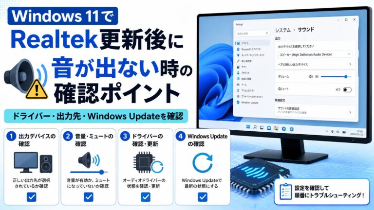Windows 11でRealtek更新後に音が出ない時に出力先、音量、ドライバー、Windows Updateを確認するチェックリスト画像