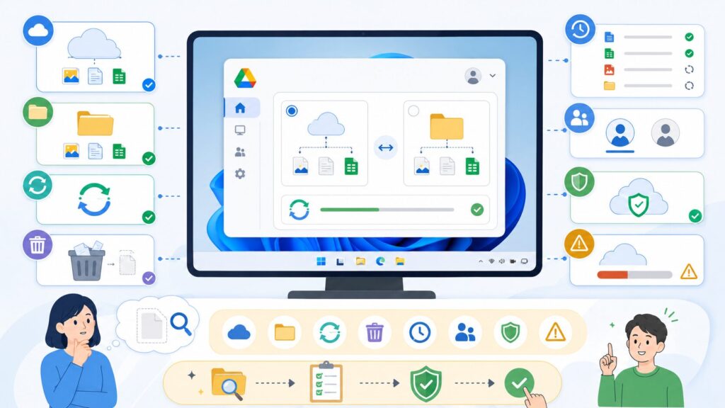 Google Driveでストリーミングからミラーリングへ切り替える前に、クラウド、ローカルフォルダー、同期状態、ゴミ箱、アクティビティ、別アカウント、バックアップを確認する流れを図解したアイキャッチ画像