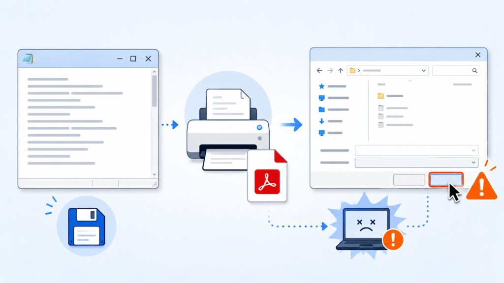 メモ帳からMicrosoft Print to PDFで印刷し、保存ダイアログのキャンセル操作でアプリが終了する不具合と保存前対策を図解したアイキャッチ画像