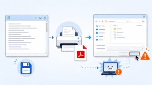 メモ帳からMicrosoft Print to PDFで印刷し、保存ダイアログのキャンセル操作でアプリが終了する不具合と保存前対策を図解したアイキャッチ画像