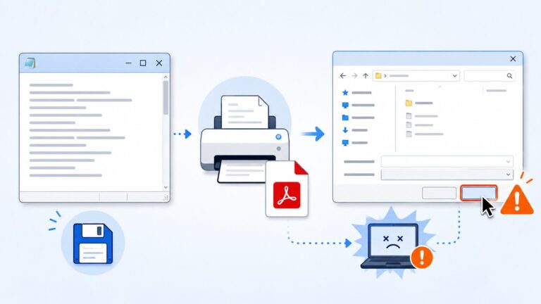 メモ帳からMicrosoft Print to PDFで印刷し、保存ダイアログのキャンセル操作でアプリが終了する不具合と保存前対策を図解したアイキャッチ画像
