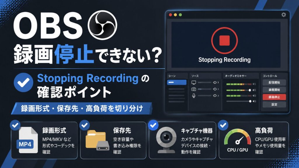 OBSで「Stopping Recording」のまま録画停止できない時に、録画形式・保存先・キャプチャ機器・高負荷の確認点を整理したアイキャッチ画像