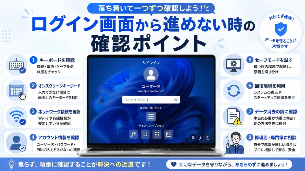 Windows 11でログイン画面から進めない時に、パスワード入力欄の点滅、PINループ、キーボード、ネット接続、セーフモード、回復環境を確認する流れを図解したアイキャッチ画像