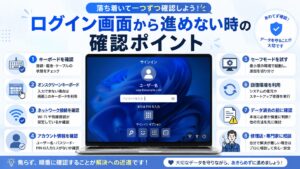 Windows 11でログイン画面から進めない時に、パスワード入力欄の点滅、PINループ、キーボード、ネット接続、セーフモード、回復環境を確認する流れを図解したアイキャッチ画像