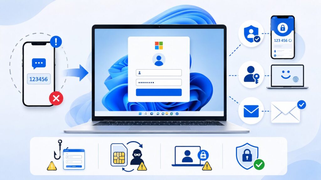 MicrosoftアカウントのSMSコード廃止に備えて、パスキー、Microsoft Authenticator、予備メール、セキュリティ情報を確認するポイントを図解したアイキャッチ画像