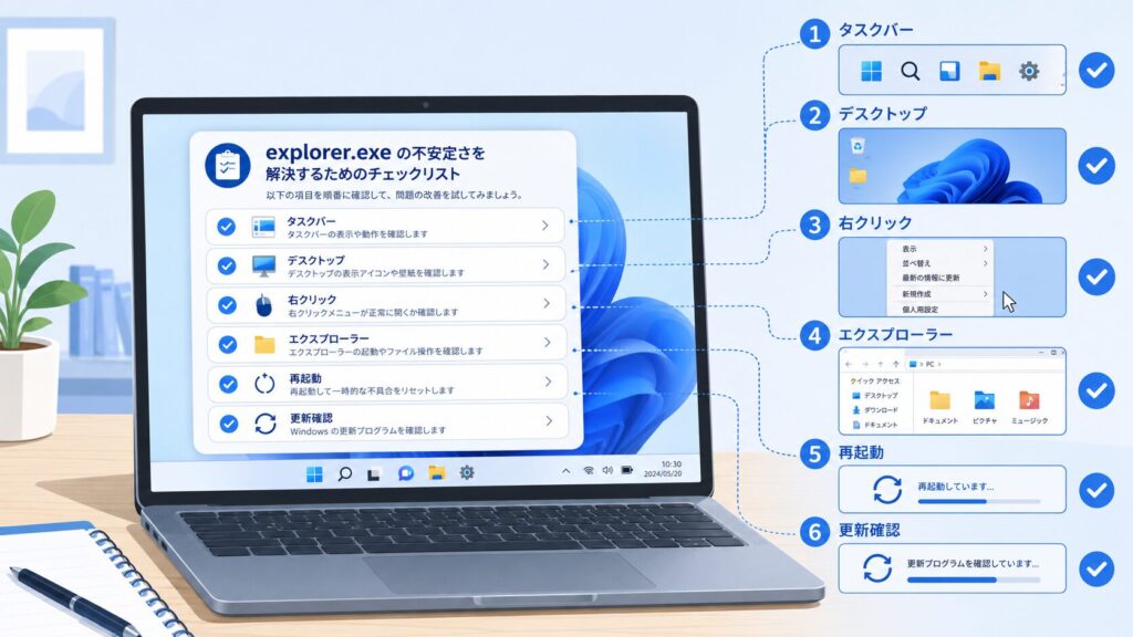 Windows 11でexplorer.exeが不安定な時に、タスクバー、デスクトップ、右クリック、エクスプローラーを確認する図解