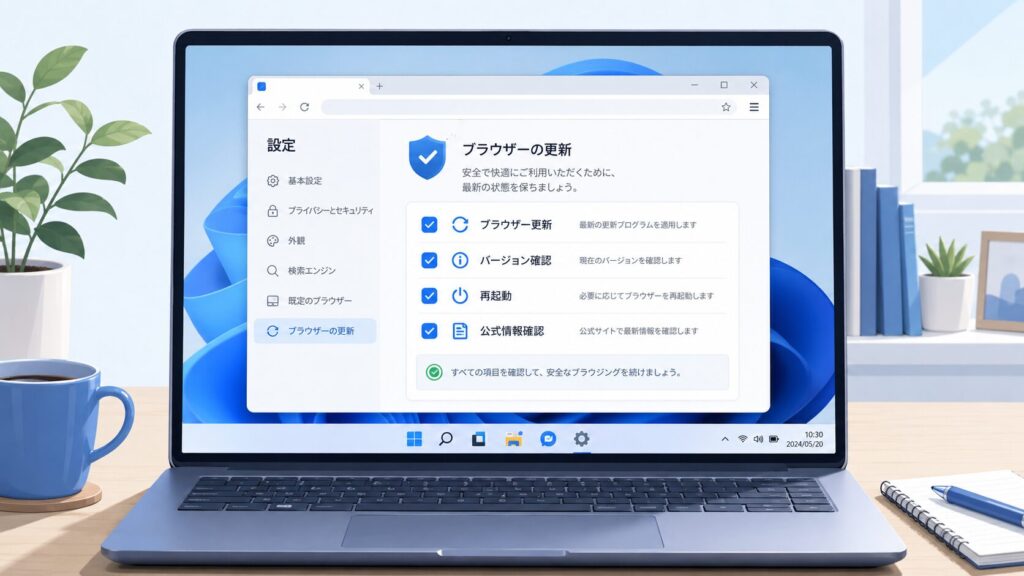 Google Chromeに脆弱性情報が出た時に、Windows 11でバージョン確認、更新、再起動、公式情報確認を行う図解