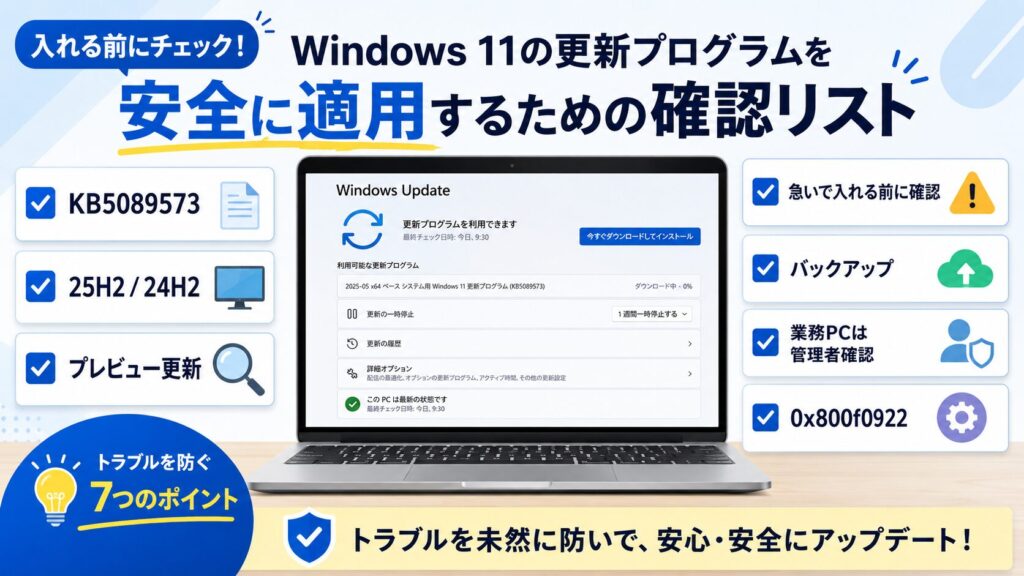 Windows 11のKB5089573について、25H2・24H2向けプレビュー更新、バックアップ、業務PCの管理者確認、0x800f0922を整理する図解アイキャッチ画像