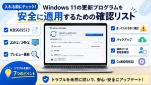 Windows 11のKB5089573について、25H2・24H2向けプレビュー更新、バックアップ、業務PCの管理者確認、0x800f0922を整理する図解アイキャッチ画像