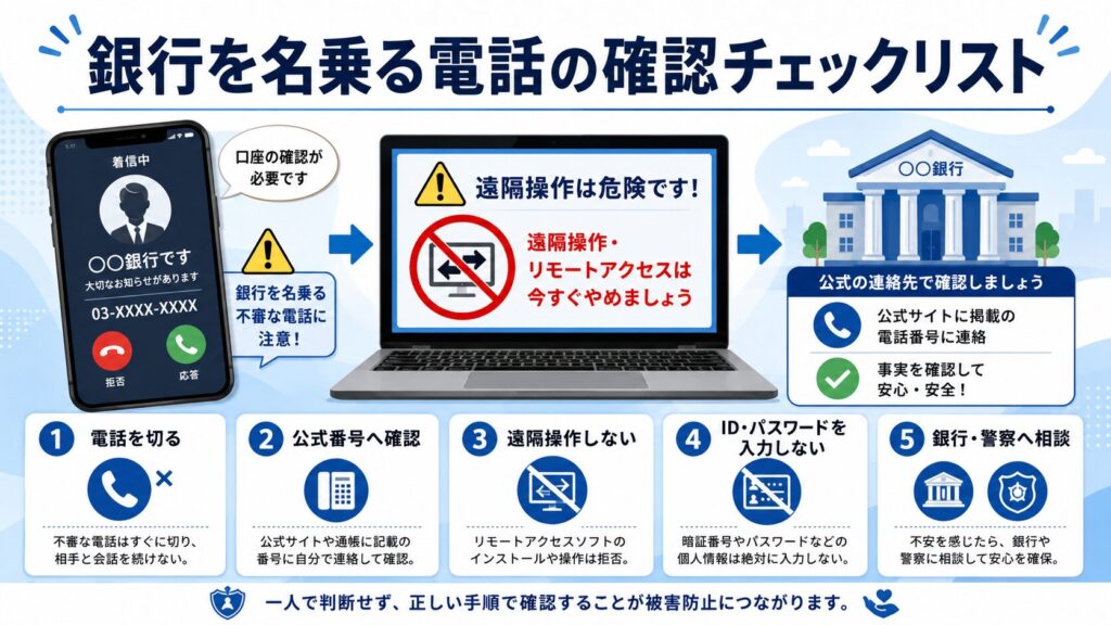 銀行を名乗る電話でPCの遠隔操作やネットバンキング操作を求められた時に、電話を切り公式窓口へ確認する流れを示す図解