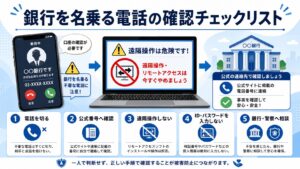銀行を名乗る電話でPCの遠隔操作やネットバンキング操作を求められた時に、電話を切り公式窓口へ確認する流れを示す図解