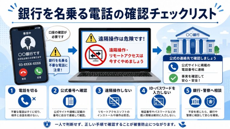 銀行を名乗る電話でPCの遠隔操作やネットバンキング操作を求められた時に、電話を切り公式窓口へ確認する流れを示す図解