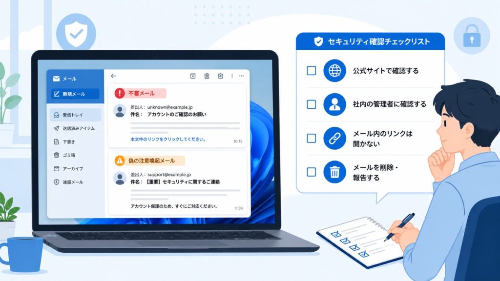 二段階式フィッシングメールが届いた時に、不審メールと偽の注意喚起メールを開かず公式サイトや管理者へ確認する図解