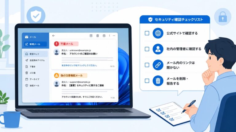 二段階式フィッシングメールが届いた時に、不審メールと偽の注意喚起メールを開かず公式サイトや管理者へ確認する図解