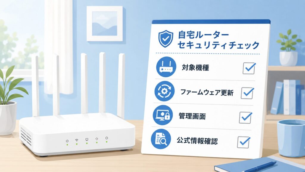 TP-Link Archer BE450とBE7200の脆弱性情報について、対象機種、ファームウェア更新、管理画面、公式情報確認を整理する図解