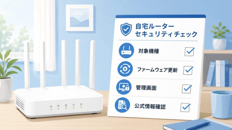 TP-Link Archer BE450とBE7200の脆弱性情報について、対象機種、ファームウェア更新、管理画面、公式情報確認を整理する図解