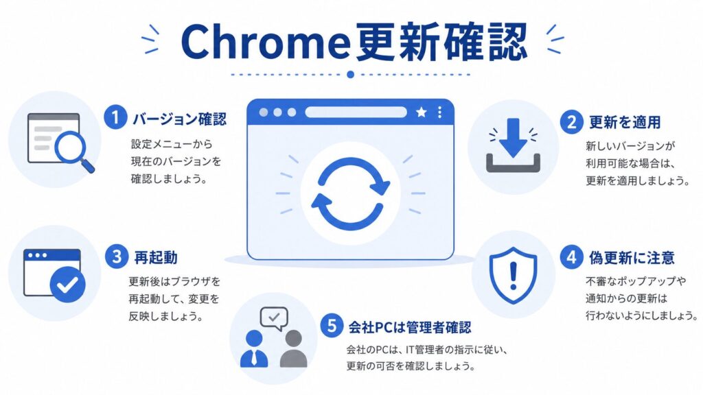 Google Chrome 149.0.7827.196/197のセキュリティ更新で、バージョン確認、更新適用、再起動、偽更新注意、会社PCの管理者確認を整理する図解