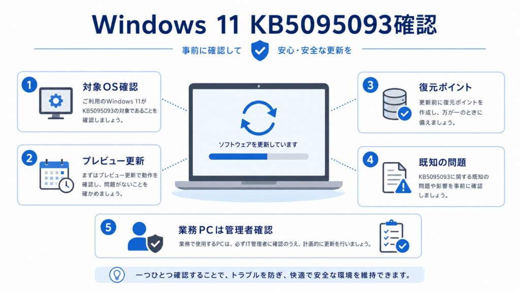 Windows 11 KB5095093プレビュー更新で、対象OS、プレビュー更新、復元ポイント、既知の問題、業務PCの管理者確認を整理する図解
