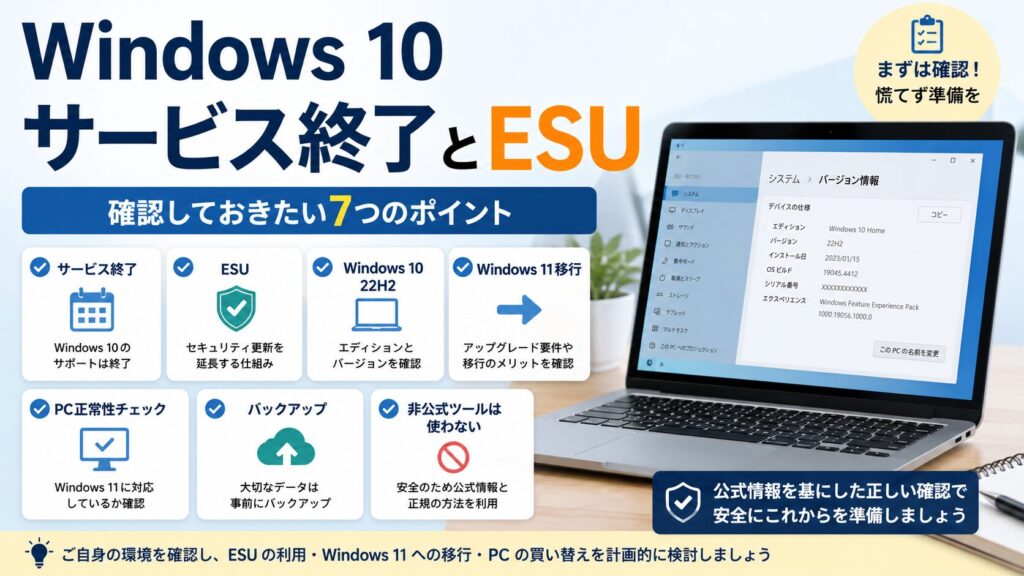 Windowsでサービス終了の案内が出た時に、ESU、Windows 10 22H2、Windows 11移行、PC正常性チェック、バックアップ、非公式ツールを使わない確認を整理する図解アイキャッチ画像