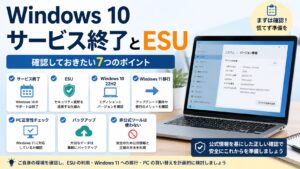 Windowsでサービス終了の案内が出た時に、ESU、Windows 10 22H2、Windows 11移行、PC正常性チェック、バックアップ、非公式ツールを使わない確認を整理する図解アイキャッチ画像